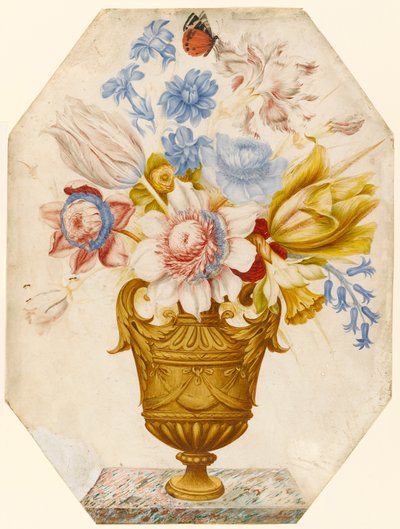 Blumen in einer Vase auf einem Marmorsims mit einem Schmetterling auf der Blume von Nicolas Robert